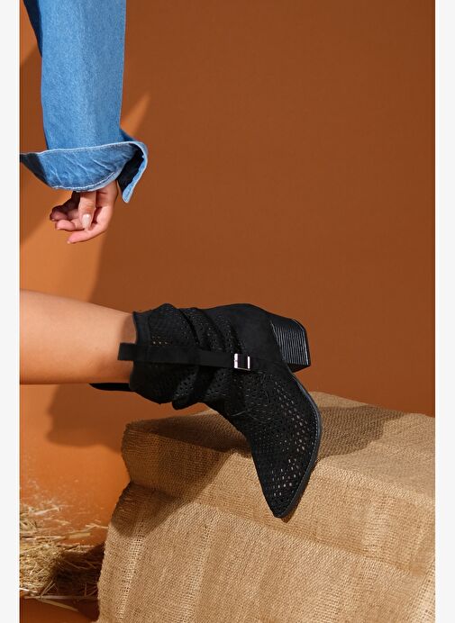 LARRY Siyah Körüklü Kadın Kalın Topuklu Yazlık Çizme - Görsel 3