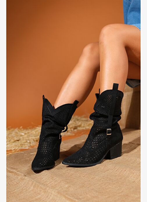 LARRY Siyah Körüklü Kadın Kalın Topuklu Yazlık Çizme - Görsel 2