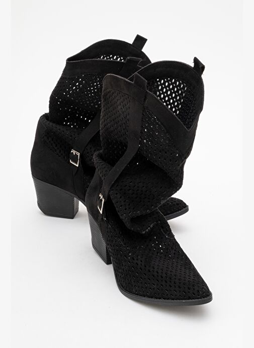 LARRY Siyah Körüklü Kadın Kalın Topuklu Yazlık Çizme - Görsel 7