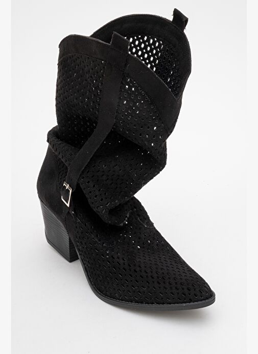 LARRY Siyah Körüklü Kadın Kalın Topuklu Yazlık Çizme - Görsel 9