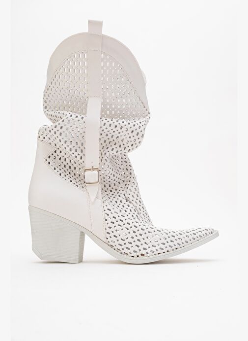 LARRY Beyaz Cilt Körüklü Kadın Kalın Topuklu Yazlık Çizme - Görsel 5