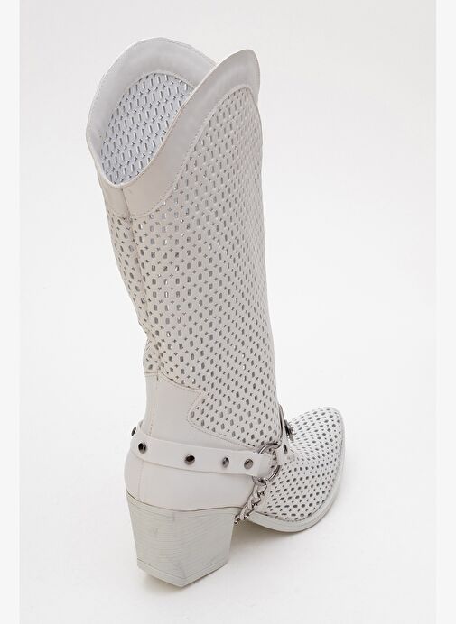 LIZA Beyaz Cilt Kemerli Kalın Topuklu Kadın Yazlık Çizme - Görsel 6