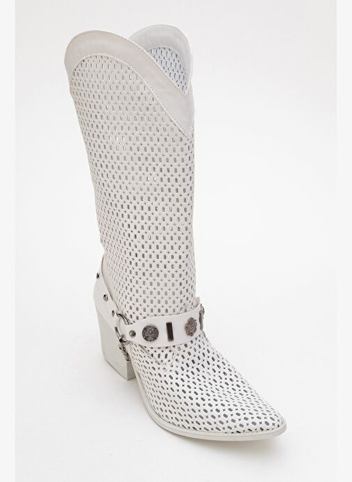 LIZA Beyaz Cilt Kemerli Kalın Topuklu Kadın Yazlık Çizme - Görsel 4