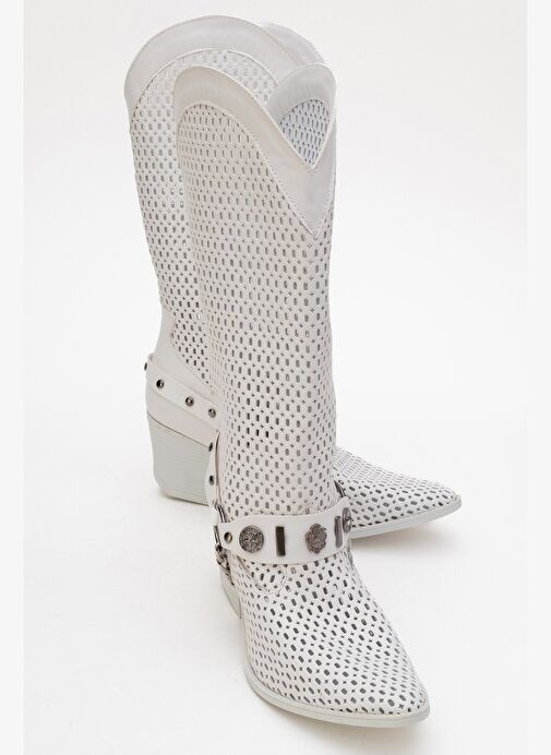 LIZA Beyaz Cilt Kemerli Kalın Topuklu Kadın Yazlık Çizme - Görsel 2