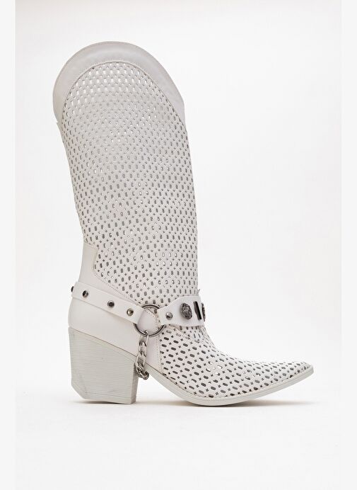 LIZA Beyaz Cilt Kemerli Kalın Topuklu Kadın Yazlık Çizme - Görsel 7