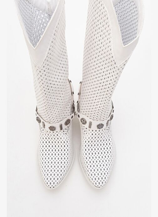 LIZA Beyaz Cilt Kemerli Kalın Topuklu Kadın Yazlık Çizme - Görsel 3