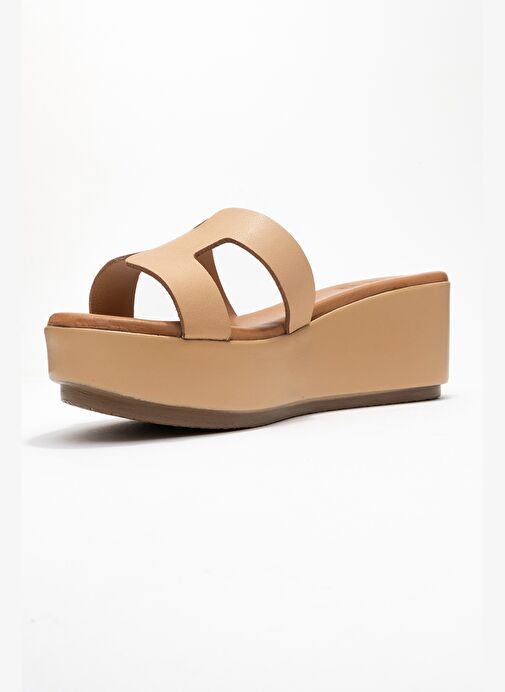 LIA Koyu Bej Cilt Hakiki Deri Kadın Dolgu Topuklu Terlik - Görsel 5