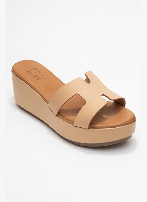 LIA Koyu Bej Cilt Hakiki Deri Kadın Dolgu Topuklu Terlik - Görsel 4