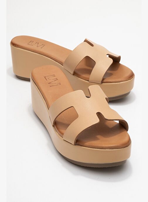 LIA Koyu Bej Cilt Hakiki Deri Kadın Dolgu Topuklu Terlik - Görsel 2
