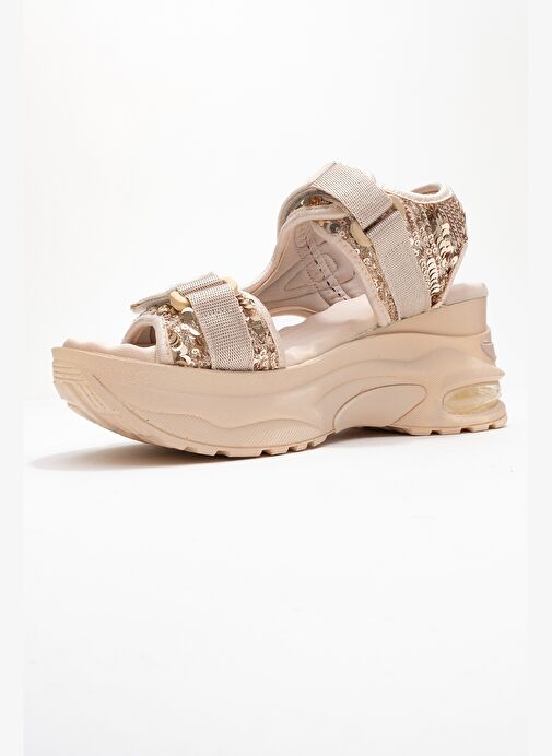 ARTHUR Bej -Altın Payet Bantlı Kalın Taban Kadın Spor Sandalet - Görsel 5