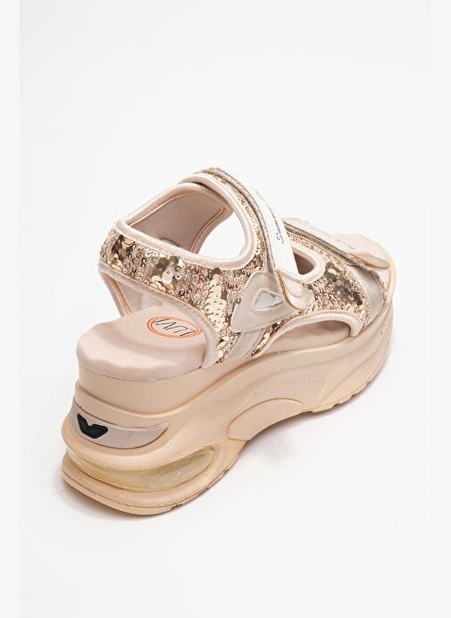 ARTHUR Bej -Altın Payet Bantlı Kalın Taban Kadın Spor Sandalet - Görsel 6
