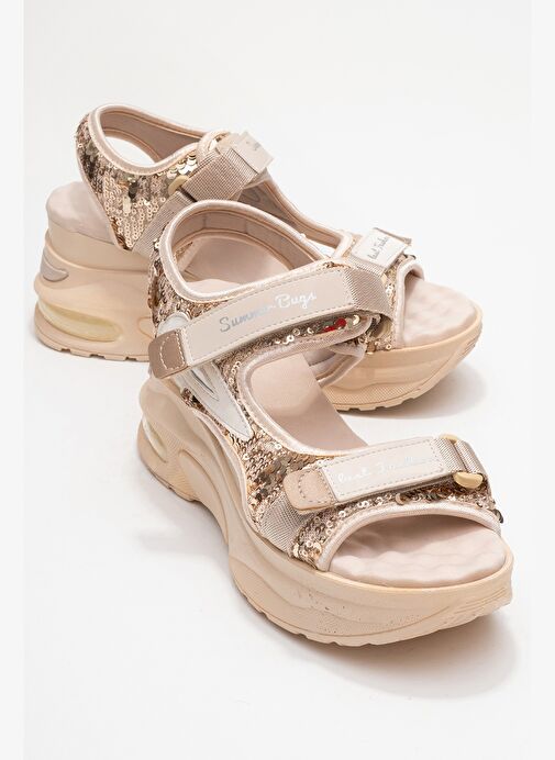 ARTHUR Bej -Altın Payet Bantlı Kalın Taban Kadın Spor Sandalet - Görsel 2