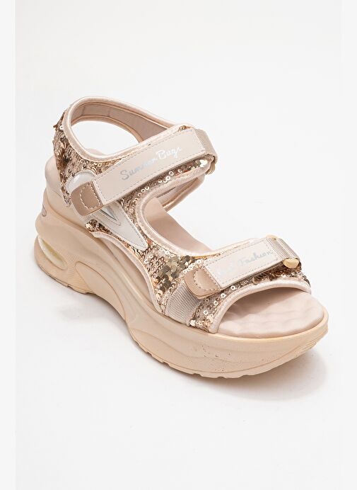 ARTHUR Bej -Altın Payet Bantlı Kalın Taban Kadın Spor Sandalet - Görsel 4