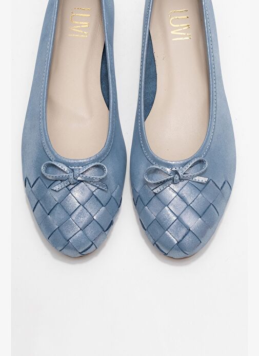 03 Mavi Simli Hakiki Deri Kadın Babet Ayakkabı - Görsel 3