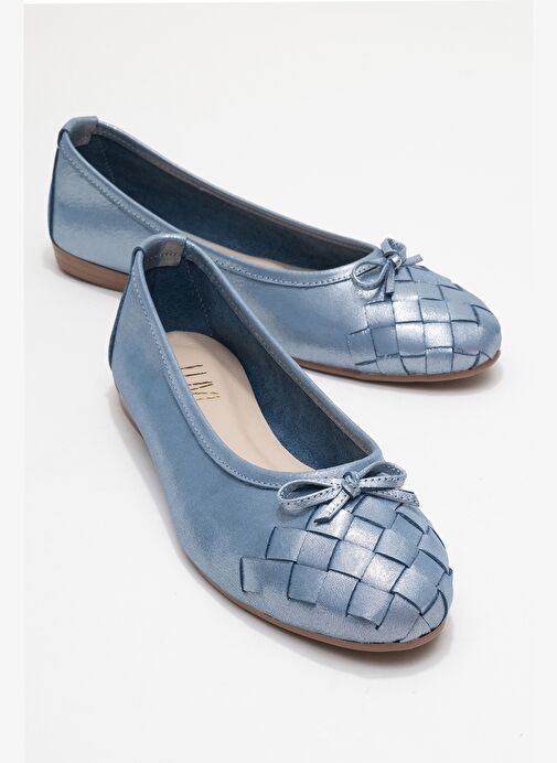 03 Mavi Simli Hakiki Deri Kadın Babet Ayakkabı - Görsel 2