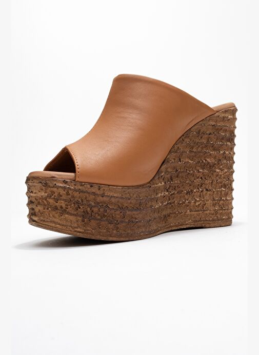 NELLY Taba Cilt Hakiki Deri Kadın Dolgu Topuklu Terlik - Görsel 5