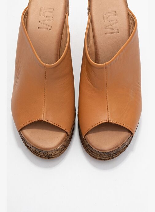 NELLY Taba Cilt Hakiki Deri Kadın Dolgu Topuklu Terlik - Görsel 3