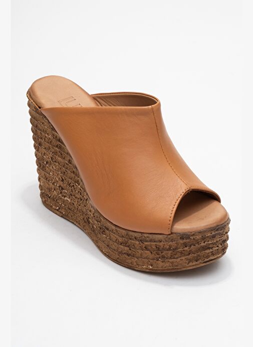 NELLY Taba Cilt Hakiki Deri Kadın Dolgu Topuklu Terlik - Görsel 4