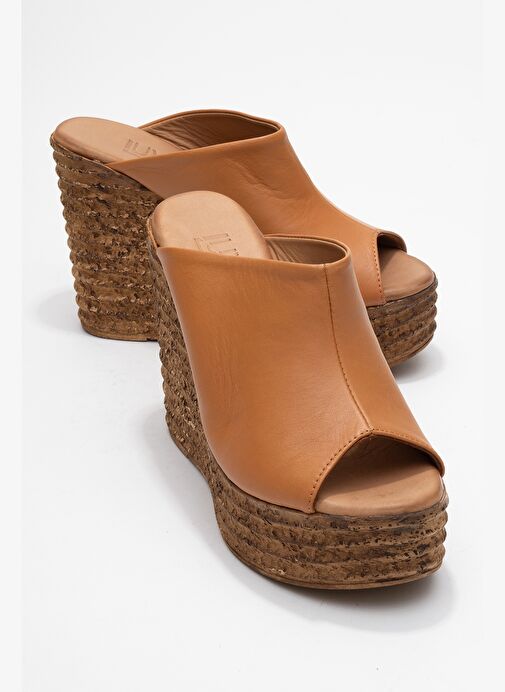 NELLY Taba Cilt Hakiki Deri Kadın Dolgu Topuklu Terlik - Görsel 2