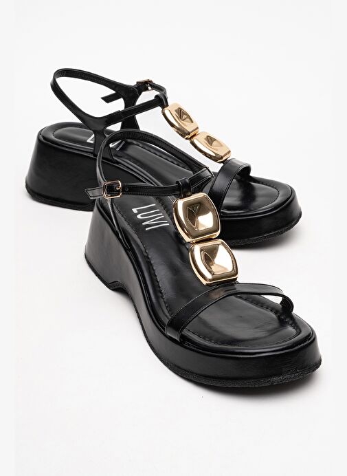 KERRY Siyah Gold Tokalı Dolgu Tabanlı Kadın Sandalet - Görsel 2