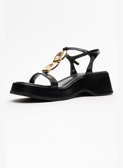 KERRY Siyah Gold Tokalı Dolgu Tabanlı Kadın Sandalet - Görsel 5