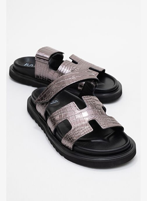 LOANA Platin Baskı Hakiki Deri Kadın Terlik - Görsel 2