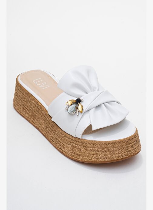 SHARA Beyaz Fiyonklu Arı Tokalı Dolgu Tabanlı Kadın Terlik - Görsel 4