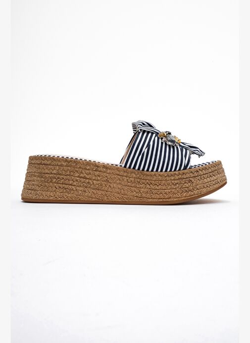 SHARA Lacivert Beyaz Çizgili Fiyonklu Arı Tokalı Dolgu Tabanlı Kadın Terlik - Görsel 7