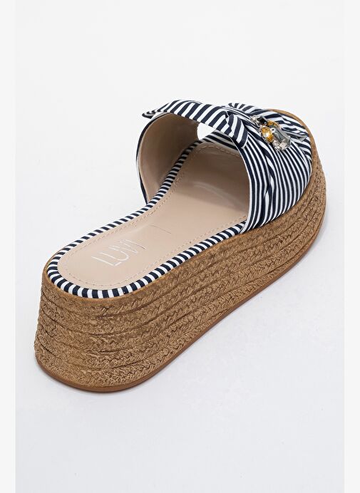 SHARA Lacivert Beyaz Çizgili Fiyonklu Arı Tokalı Dolgu Tabanlı Kadın Terlik - Görsel 6