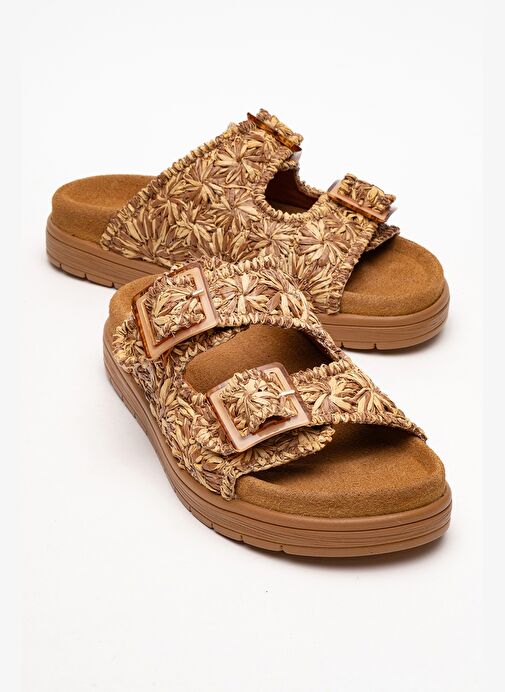 MILANA Taba Desenli Hakiki Deri Tokalı Çift Bantlı Kadın Terlik - Görsel 2