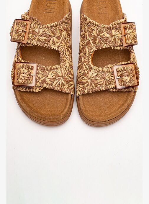 MILANA Taba Desenli Hakiki Deri Tokalı Çift Bantlı Kadın Terlik - Görsel 3