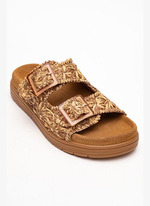 MILANA Taba Desenli Hakiki Deri Tokalı Çift Bantlı Kadın Terlik - Görsel 4