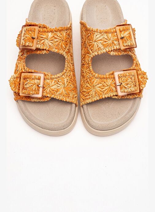 MILANA Turuncu Desenli Hakiki Deri Tokalı Çift Bantlı Kadın Terlik - Görsel 3