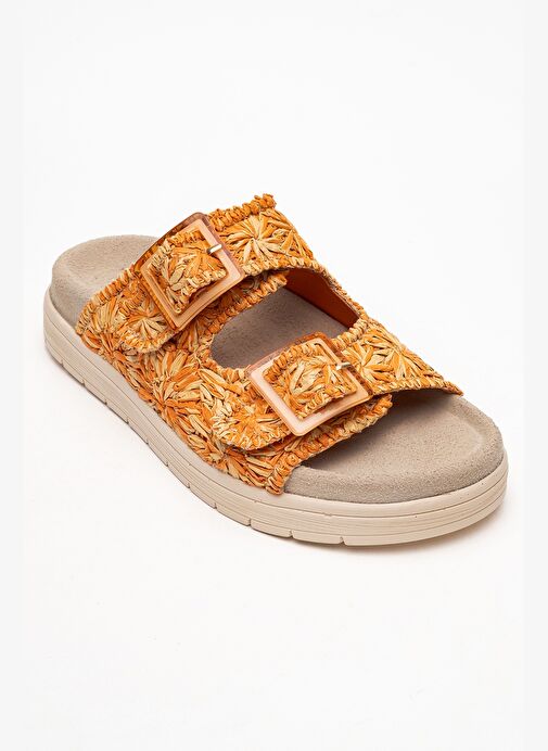 MILANA Turuncu Desenli Hakiki Deri Tokalı Çift Bantlı Kadın Terlik - Görsel 4