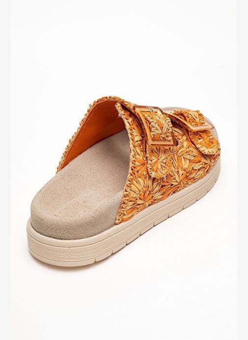 MILANA Turuncu Desenli Hakiki Deri Tokalı Çift Bantlı Kadın Terlik - Görsel 6