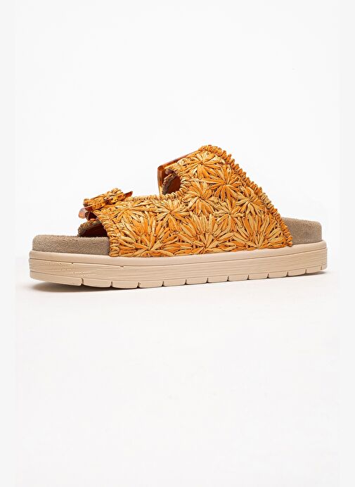 MILANA Turuncu Desenli Hakiki Deri Tokalı Çift Bantlı Kadın Terlik - Görsel 5