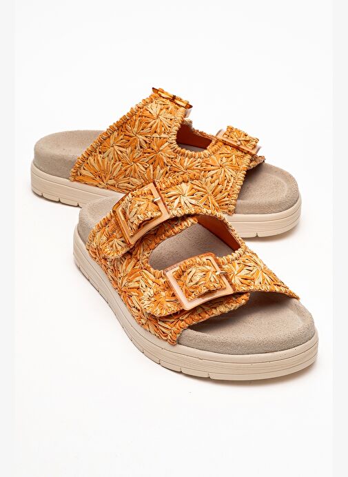 MILANA Turuncu Desenli Hakiki Deri Tokalı Çift Bantlı Kadın Terlik - Görsel 2