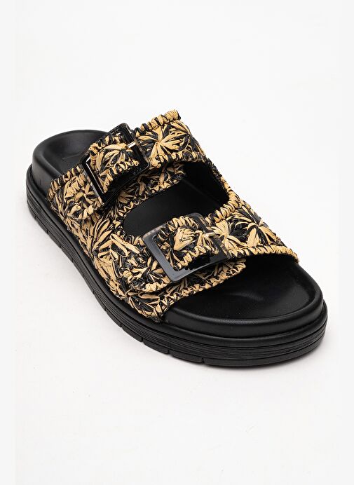 MILANA Siyah Desenli Hakiki Deri Tokalı Çift Bantlı Kadın Terlik - Görsel 4