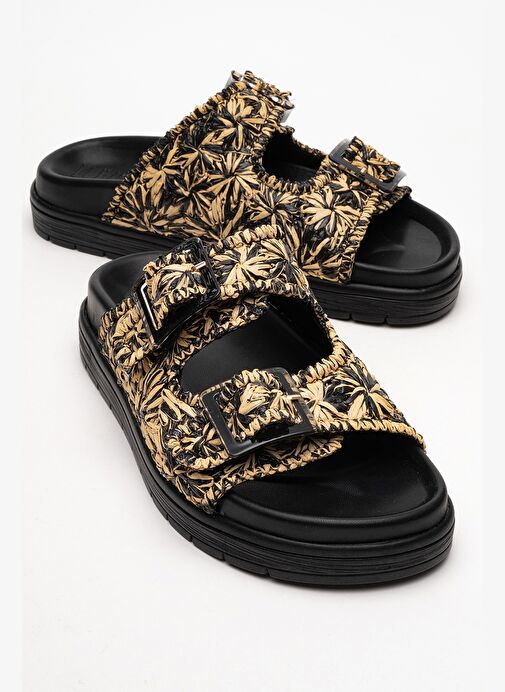 MILANA Siyah Desenli Hakiki Deri Tokalı Çift Bantlı Kadın Terlik - Görsel 2