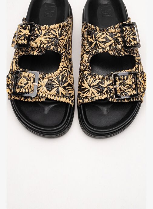 MILANA Siyah Desenli Hakiki Deri Tokalı Çift Bantlı Kadın Terlik - Görsel 3