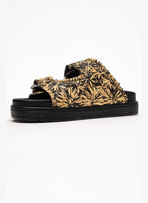 MILANA Siyah Desenli Hakiki Deri Tokalı Çift Bantlı Kadın Terlik - Görsel 5