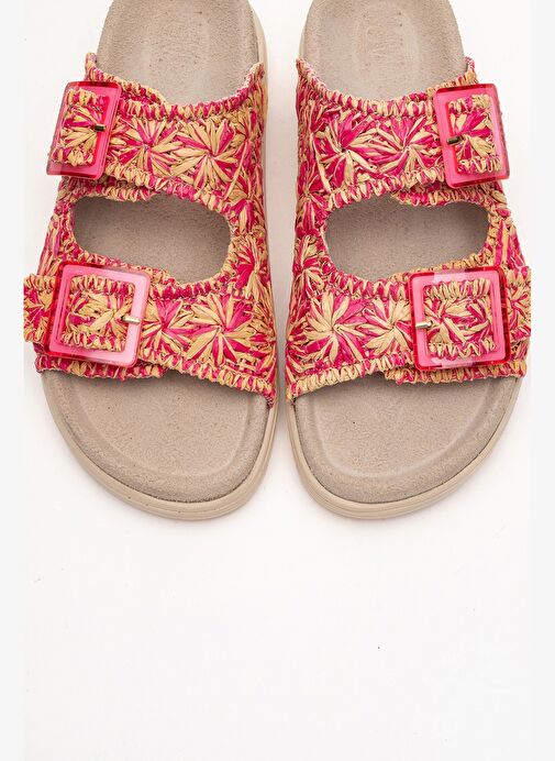 MILANA Pembe Desenli Hakiki Deri Tokalı Çift Bantlı Kadın Terlik - Görsel 3