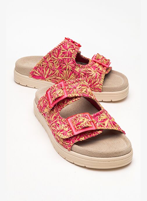 MILANA Pembe Desenli Hakiki Deri Tokalı Çift Bantlı Kadın Terlik - Görsel 2