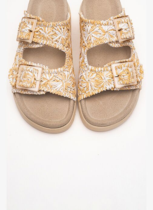 MILANA Bej Desenli Hakiki Deri Tokalı Çift Bantlı Kadın Terlik - Görsel 3