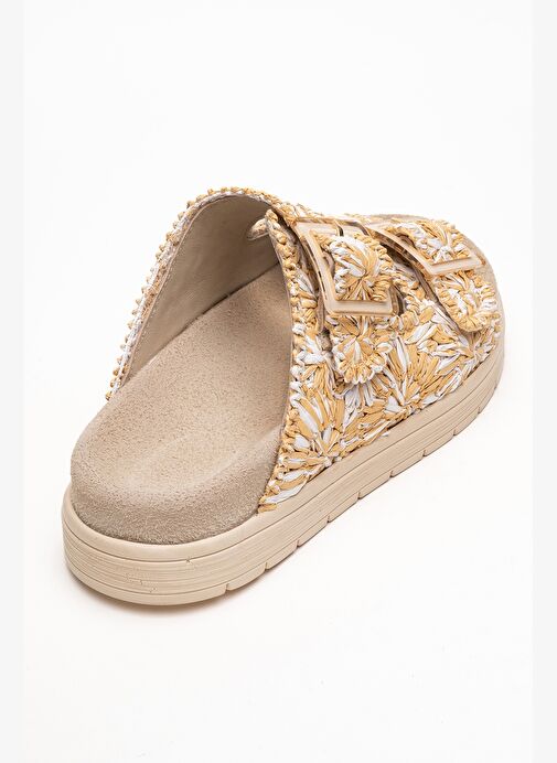 MILANA Bej Desenli Hakiki Deri Tokalı Çift Bantlı Kadın Terlik - Görsel 6