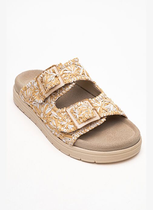 MILANA Bej Desenli Hakiki Deri Tokalı Çift Bantlı Kadın Terlik - Görsel 4