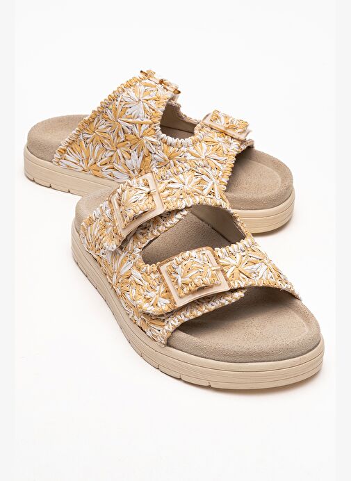 MILANA Bej Desenli Hakiki Deri Tokalı Çift Bantlı Kadın Terlik - Görsel 2
