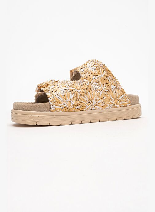 MILANA Bej Desenli Hakiki Deri Tokalı Çift Bantlı Kadın Terlik - Görsel 5