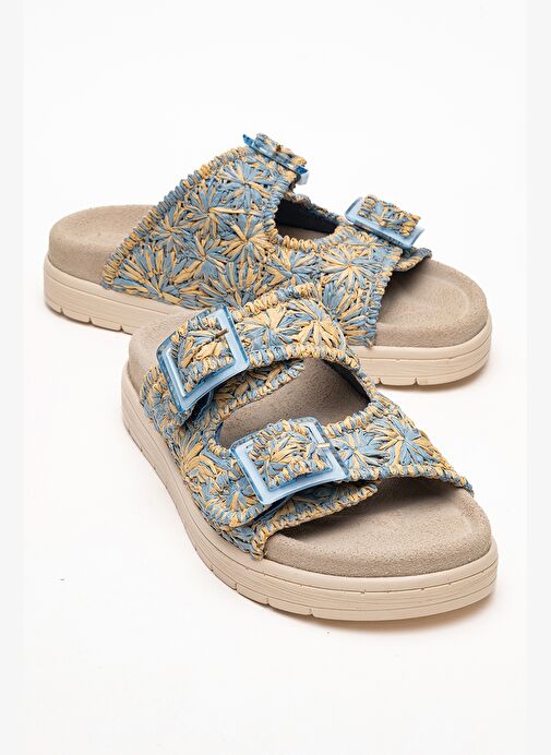MILANA Mavi Desenli Hakiki Deri Tokalı Çift Bantlı Kadın Terlik - Görsel 2