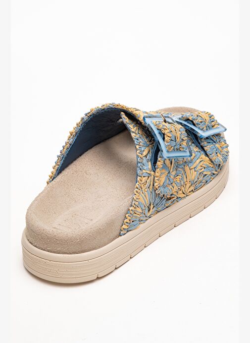 MILANA Mavi Desenli Hakiki Deri Tokalı Çift Bantlı Kadın Terlik - Görsel 6